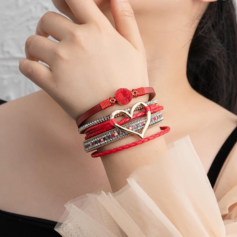 Rantanto Braid Leather Wrap Bracelet Trendy Stackable Crystal Cuff Boho Gold Heart Bracelet Jewelry Gift For Women - Image 2